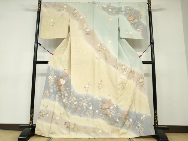 平和屋着物●訪問着　駒刺繍　草花文　暈し染め　金彩　正絹　逸品　DABD9072ud