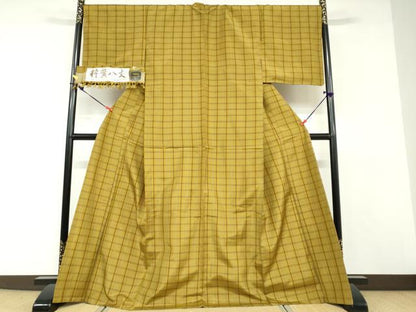 平和屋着物●粋黄八丈　紬　格子文　証紙付き　正絹　逸品　DABD9086ud