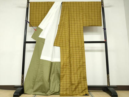 平和屋着物●粋黄八丈　紬　格子文　証紙付き　正絹　逸品　DABD9086ud