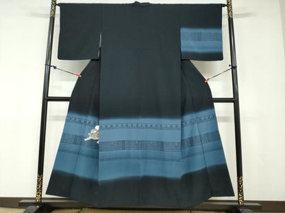 平和屋着物●訪問着　童子　横段文　黒地　正絹　逸品　DABD9087ud
