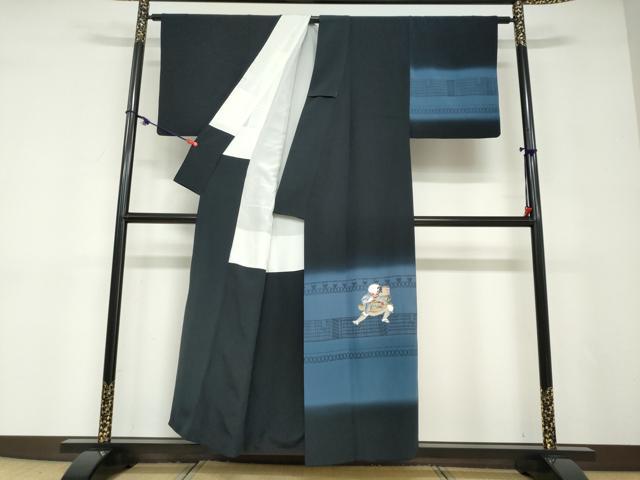 平和屋着物●訪問着　童子　横段文　黒地　正絹　逸品　DABD9087ud 平和屋着物○訪問着 童子 横段文 黒地 正絹 逸品 DABD9087ud