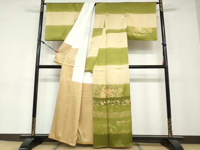 平和屋着物●訪問着　駒刺繍　横段花蝶文　金彩　正絹　逸品　DABD9089ud