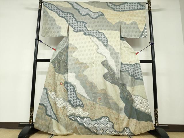 平和屋着物●訪問着　絞り　刺繍　道長草花文　金彩　正絹　逸品　DABD9116ud