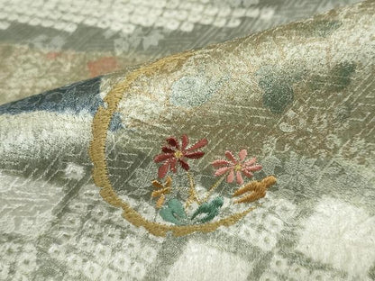 平和屋着物●訪問着　絞り　刺繍　道長草花文　金彩　正絹　逸品　DABD9116ud