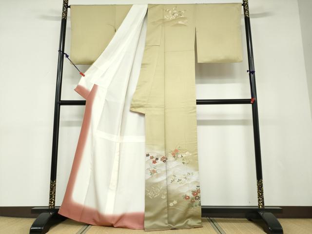 平和屋着物●訪問着　刺繍　流水草花文　暈し染め　金彩　正絹　逸品　DABD9120ud