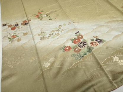 平和屋着物●訪問着　刺繍　流水草花文　暈し染め　金彩　正絹　逸品　DABD9120ud