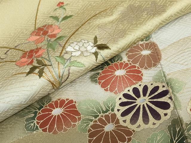 平和屋着物●訪問着　刺繍　流水草花文　暈し染め　金彩　正絹　逸品　DABD9120ud