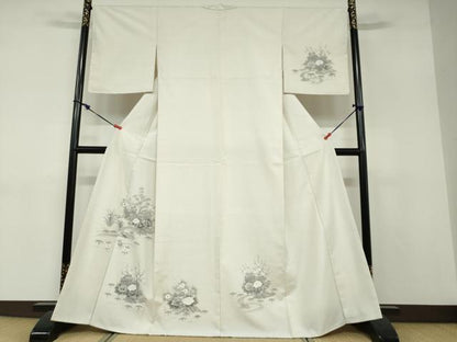 平和屋着物●訪問着　紬地　手描き　流水風景草花文　正絹　逸品　未使用　DABD9125ud