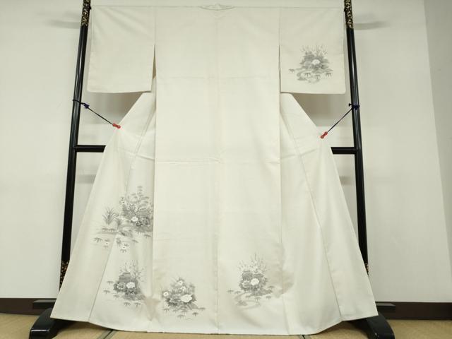 平和屋着物●訪問着　紬地　手描き　流水風景草花文　正絹　逸品　未使用　DABD9125ud