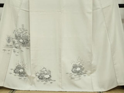 平和屋着物●訪問着　紬地　手描き　流水風景草花文　正絹　逸品　未使用　DABD9125ud