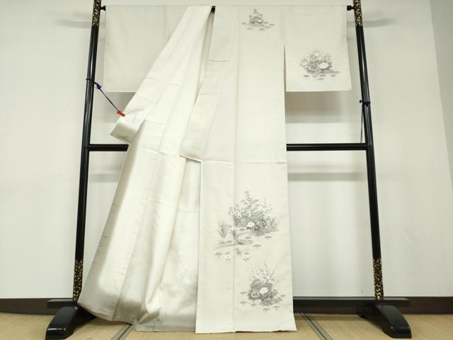 平和屋着物●訪問着　紬地　手描き　流水風景草花文　正絹　逸品　未使用　DABD9125ud