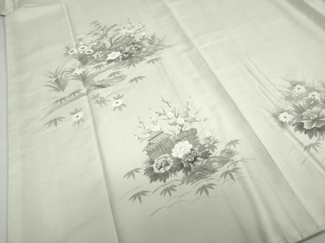 平和屋着物●訪問着　紬地　手描き　流水風景草花文　正絹　逸品　未使用　DABD9125ud