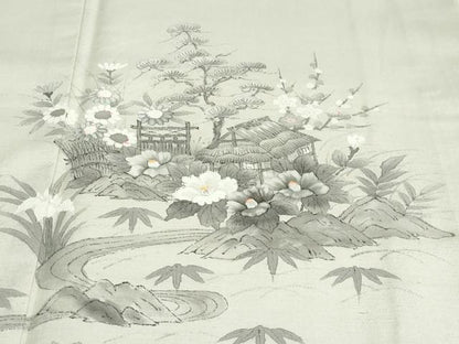 平和屋着物●訪問着　紬地　手描き　流水風景草花文　正絹　逸品　未使用　DABD9125ud