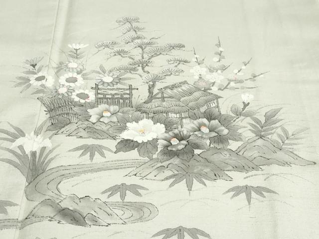 平和屋着物●訪問着　紬地　手描き　流水風景草花文　正絹　逸品　未使用　DABD9125ud