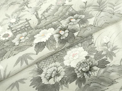 平和屋着物●訪問着　紬地　手描き　流水風景草花文　正絹　逸品　未使用　DABD9125ud