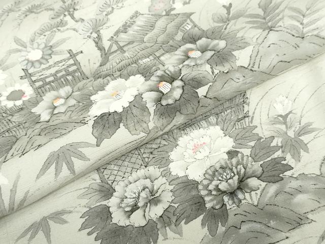 平和屋着物●訪問着　紬地　手描き　流水風景草花文　正絹　逸品　未使用　DABD9125ud
