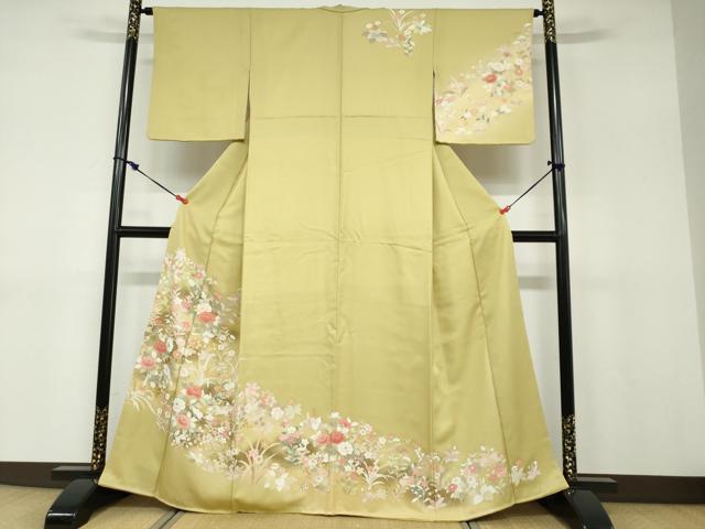 平和屋着物●訪問着　駒刺繍　草花文　金彩　正絹　逸品　DABD9127ud