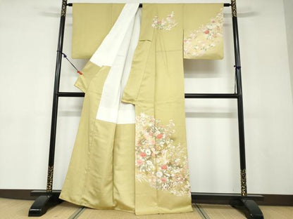 平和屋着物●訪問着　駒刺繍　草花文　金彩　正絹　逸品　DABD9127ud