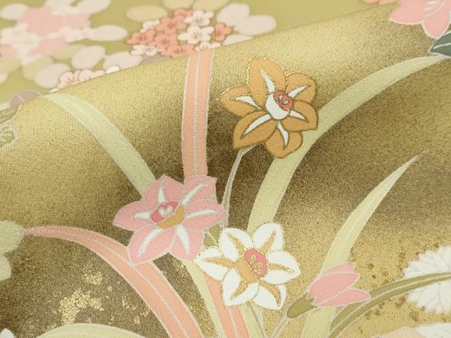 平和屋着物●訪問着　駒刺繍　草花文　金彩　正絹　逸品　DABD9127ud