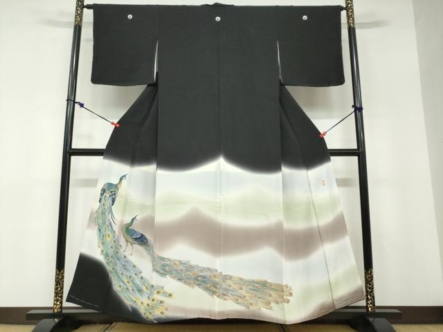 平和屋着物●豪華黒留袖　友禅　作家物　孔雀文　暈し染め　正絹　逸品　DABD9146ud