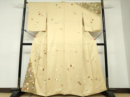 平和屋着物●訪問着　駒刺繍　草花文　金彩　正絹　逸品　DABD9148ud