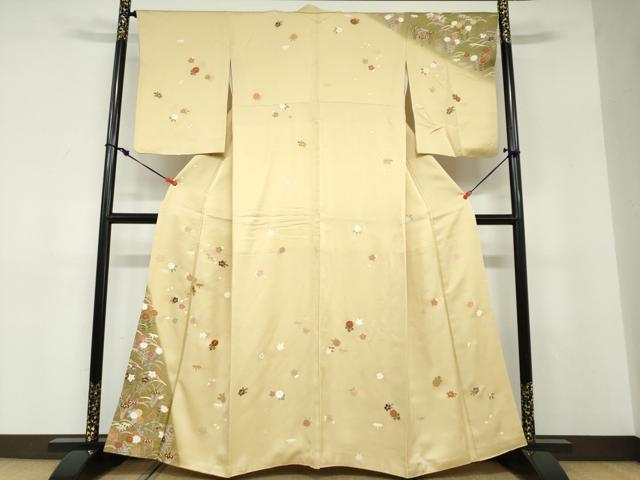 平和屋着物●訪問着　駒刺繍　草花文　金彩　正絹　逸品　DABD9148ud