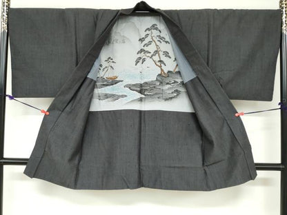 平和屋着物●男性　紬　アンサンブル　長羽織　霞文　正絹　逸品　DABD9153ud