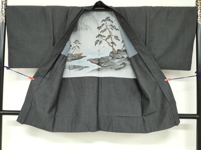 平和屋着物●男性　紬　アンサンブル　長羽織　霞文　正絹　逸品　DABD9153ud
