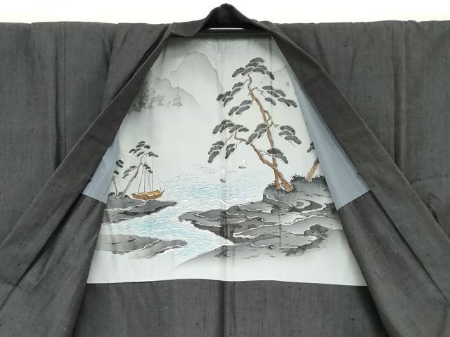 平和屋着物●男性　紬　アンサンブル　長羽織　霞文　正絹　逸品　DABD9153ud
