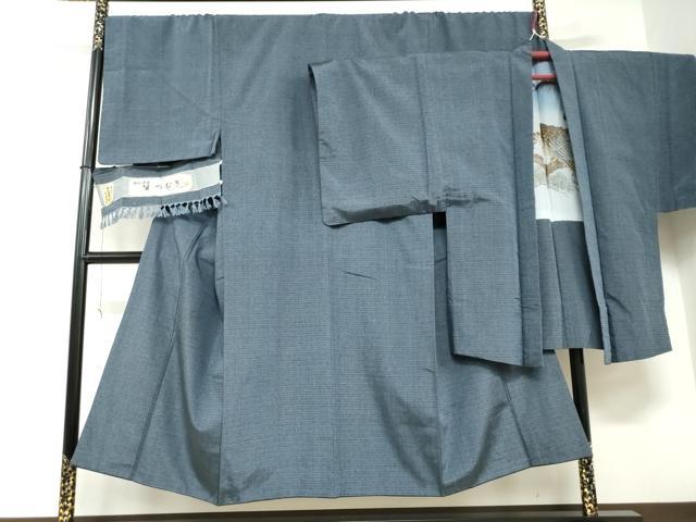 平和屋着物●男性　生つむぎ　アンサンブル　長羽織　青藍色　反端付き　キングサイズ　正絹　逸品　DABD9155ud