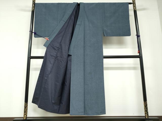 平和屋着物●男性　生つむぎ　アンサンブル　長羽織　青藍色　反端付き　キングサイズ　正絹　逸品　DABD9155ud