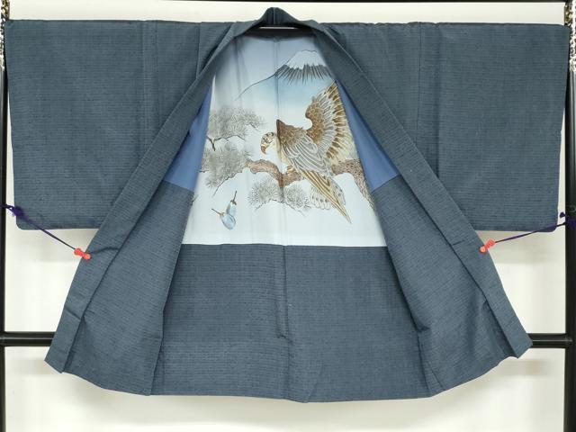 平和屋着物●男性　生つむぎ　アンサンブル　長羽織　青藍色　反端付き　キングサイズ　正絹　逸品　DABD9155ud