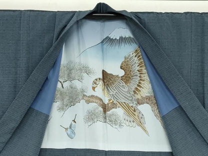 平和屋着物●男性　生つむぎ　アンサンブル　長羽織　青藍色　反端付き　キングサイズ　正絹　逸品　DABD9155ud