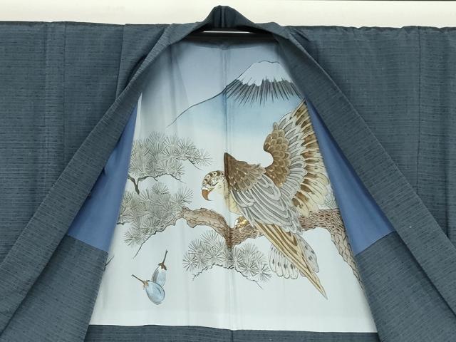 平和屋着物●男性　生つむぎ　アンサンブル　長羽織　青藍色　反端付き　キングサイズ　正絹　逸品　DABD9155ud