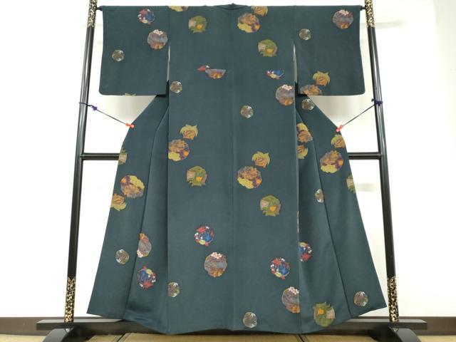 平和屋着物●上質な小紋　花鳥丸文　鬼しぼ縮緬　正絹　逸品　DABD9161ud