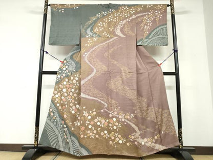 平和屋着物●訪問着　絞り　流水草花文　金彩　正絹　逸品　DABD9162ud