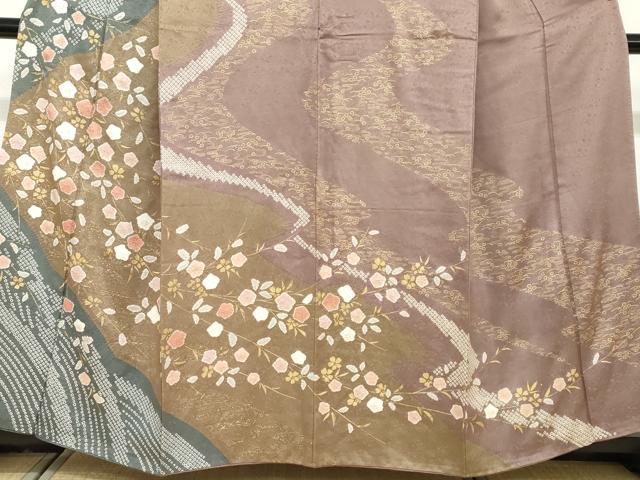 平和屋着物●訪問着　絞り　流水草花文　金彩　正絹　逸品　DABD9162ud