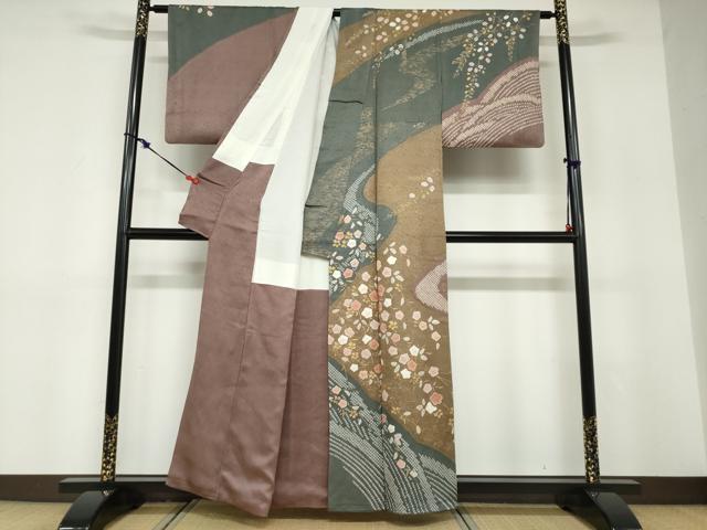 平和屋着物●訪問着　絞り　流水草花文　金彩　正絹　逸品　DABD9162ud
