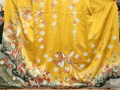 平和屋着物●豪華振袖　駒刺繍　鹿の子花鳥文　暈し染め　金彩　正絹　逸品　DABD9168ud