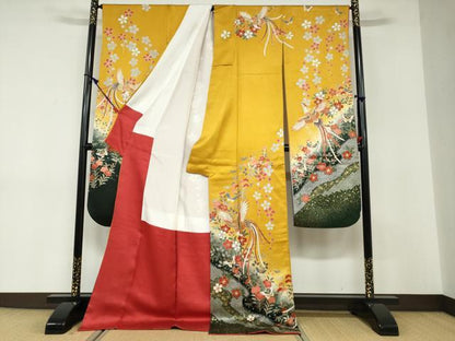 平和屋着物●豪華振袖　駒刺繍　鹿の子花鳥文　暈し染め　金彩　正絹　逸品　DABD9168ud
