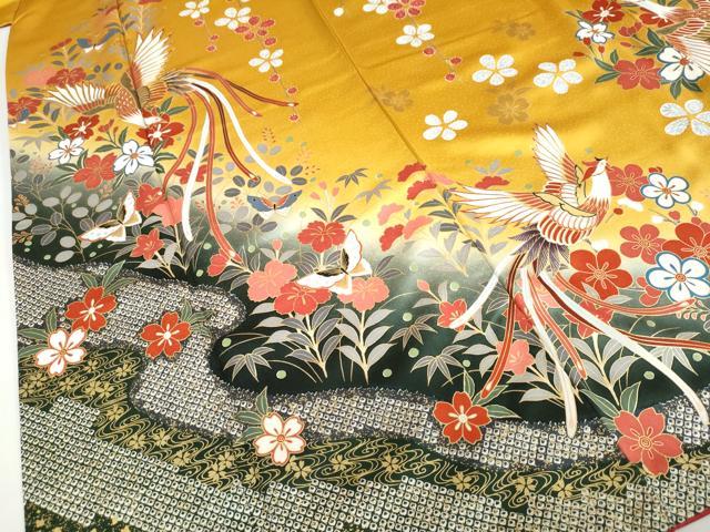 平和屋着物●豪華振袖　駒刺繍　鹿の子花鳥文　暈し染め　金彩　正絹　逸品　DABD9168ud
