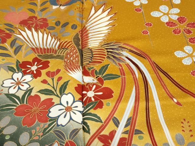 平和屋着物●豪華振袖　駒刺繍　鹿の子花鳥文　暈し染め　金彩　正絹　逸品　DABD9168ud 平和屋着物○豪華振袖 駒刺繍 鹿の子花鳥文 暈し染め 金彩 正絹 逸品