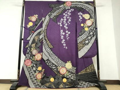 平和屋着物●豪華振袖　駒刺繍　絞り　熨斗吉祥草花文　金彩　正絹　逸品　DABD9177ud