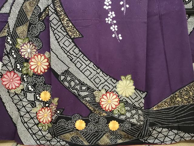 平和屋着物●豪華振袖　駒刺繍　絞り　熨斗吉祥草花文　金彩　正絹　逸品　DABD9177ud 平和屋着物○豪華振袖 駒刺繍 絞り 熨斗吉祥草花文 金彩 正絹 逸品