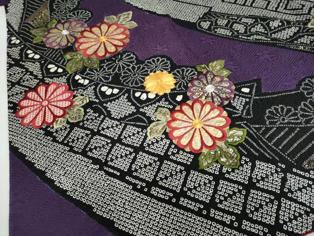 平和屋着物●豪華振袖　駒刺繍　絞り　熨斗吉祥草花文　金彩　正絹　逸品　DABD9177ud 平和屋着物○豪華振袖 駒刺繍 絞り 熨斗吉祥草花文 金彩 正絹 逸品