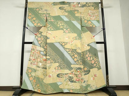 平和屋着物●京友禅の第一人者　松井青々　訪問着　駒刺繍　鴛鴦御所車草花文　金彩　正絹　逸品　DABD9183ud