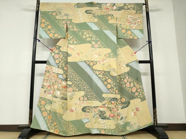 平和屋着物●京友禅の第一人者　松井青々　訪問着　駒刺繍　鴛鴦御所車草花文　金彩　正絹　逸品　DABD9183ud