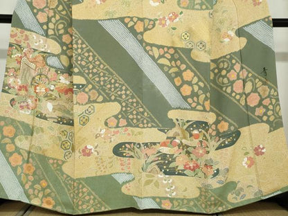 平和屋着物●京友禅の第一人者　松井青々　訪問着　駒刺繍　鴛鴦御所車草花文　金彩　正絹　逸品　DABD9183ud
