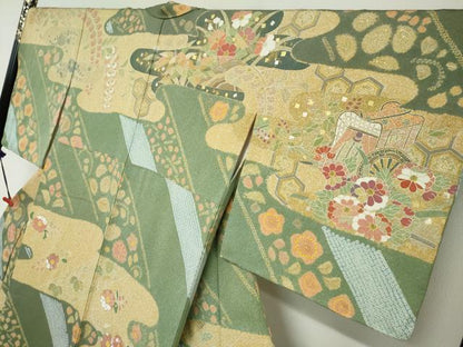 平和屋着物●京友禅の第一人者　松井青々　訪問着　駒刺繍　鴛鴦御所車草花文　金彩　正絹　逸品　DABD9183ud