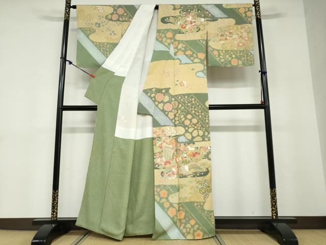 平和屋着物●京友禅の第一人者　松井青々　訪問着　駒刺繍　鴛鴦御所車草花文　金彩　正絹　逸品　DABD9183ud